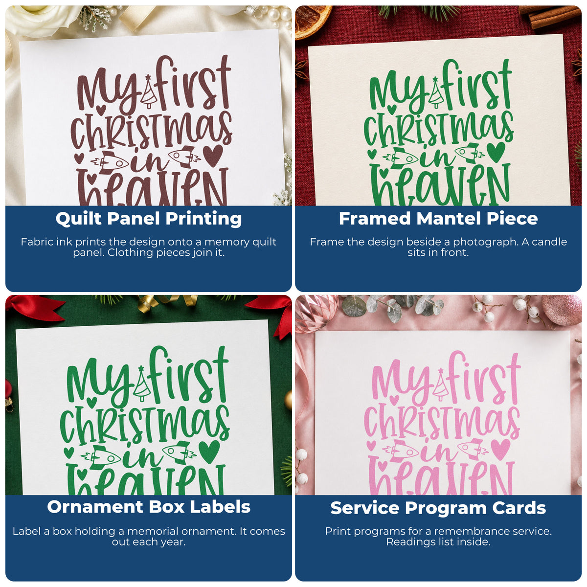 Four ways to use the My First Christmas In Heaven Stamp – Self-Inking: quilt panel printing, framed mantel piece, ornament box labels and service program cards.