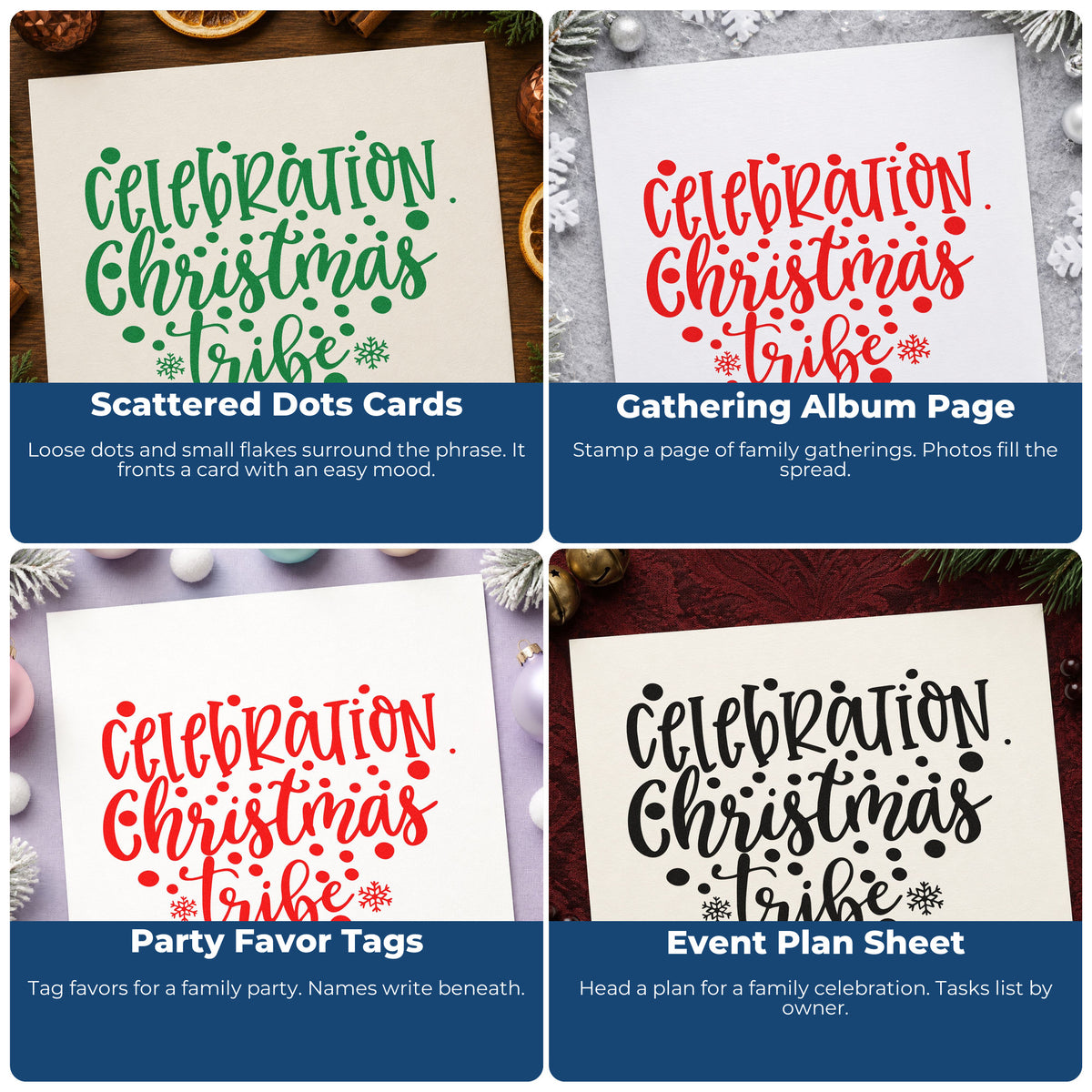 Four ways to use the Celebration Christmas Vibes Dots Hand Stamp – Duo: scattered dots cards, gathering album page, party favor tags and event plan sheet.