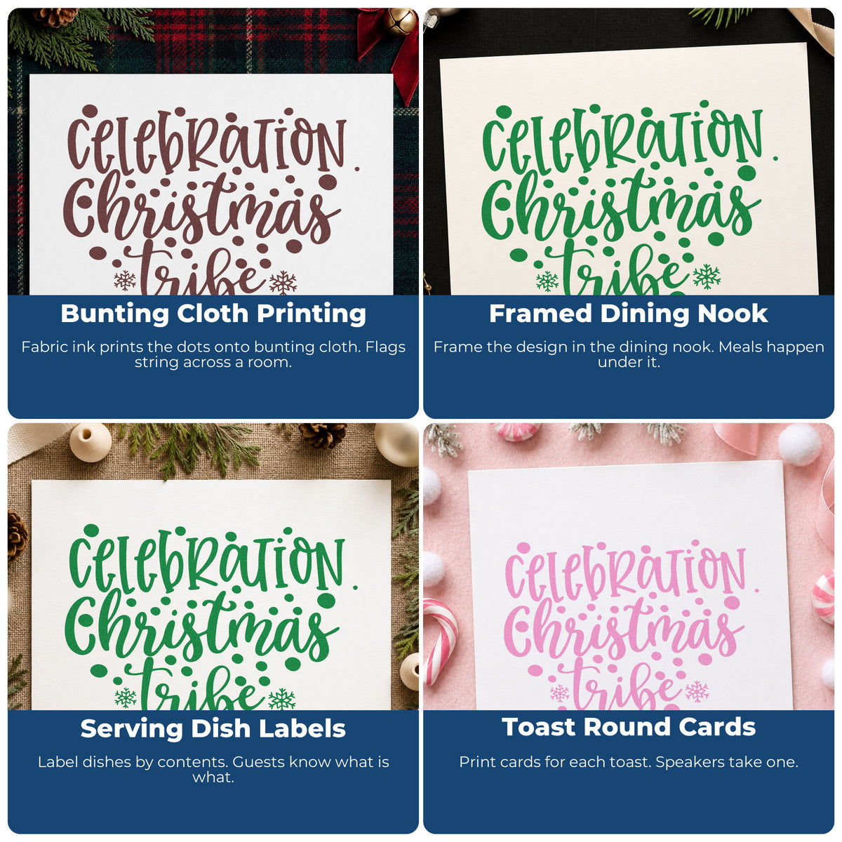 Four ways to use the Celebration Christmas Vibes Dots Hand Stamp – Duo: bunting cloth printing, framed dining nook, serving dish labels and toast round cards.