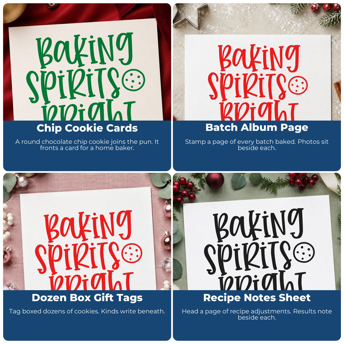 Four ways to use the Baking Spirits Bright Cookie Slim Pre-Inked Stamp: chip cookie cards, batch album page, dozen box gift tags and recipe notes sheet.
