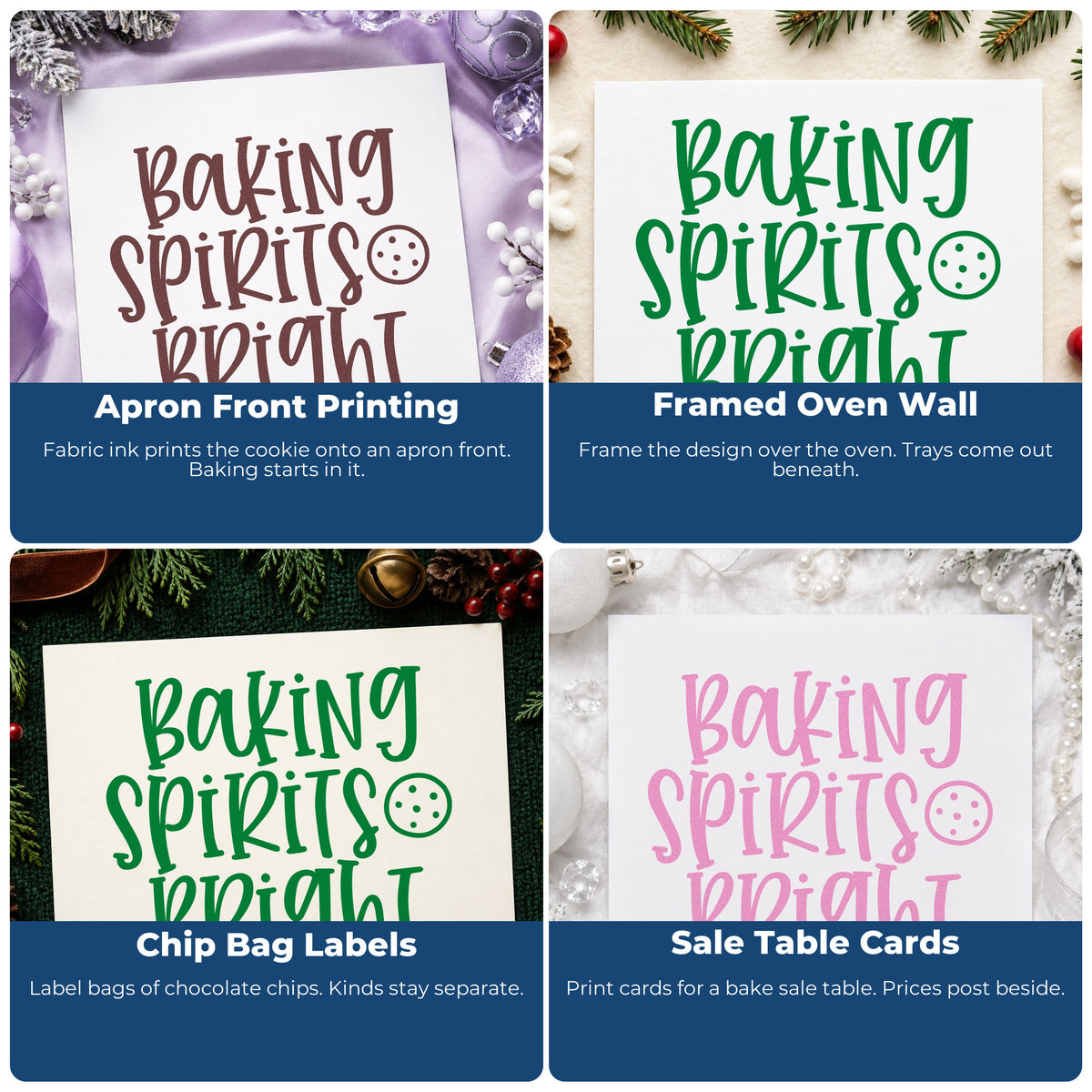 Four ways to use the Baking Spirits Bright Cookie Slim Pre-Inked Stamp: apron front printing, framed oven wall, chip bag labels and sale table cards.