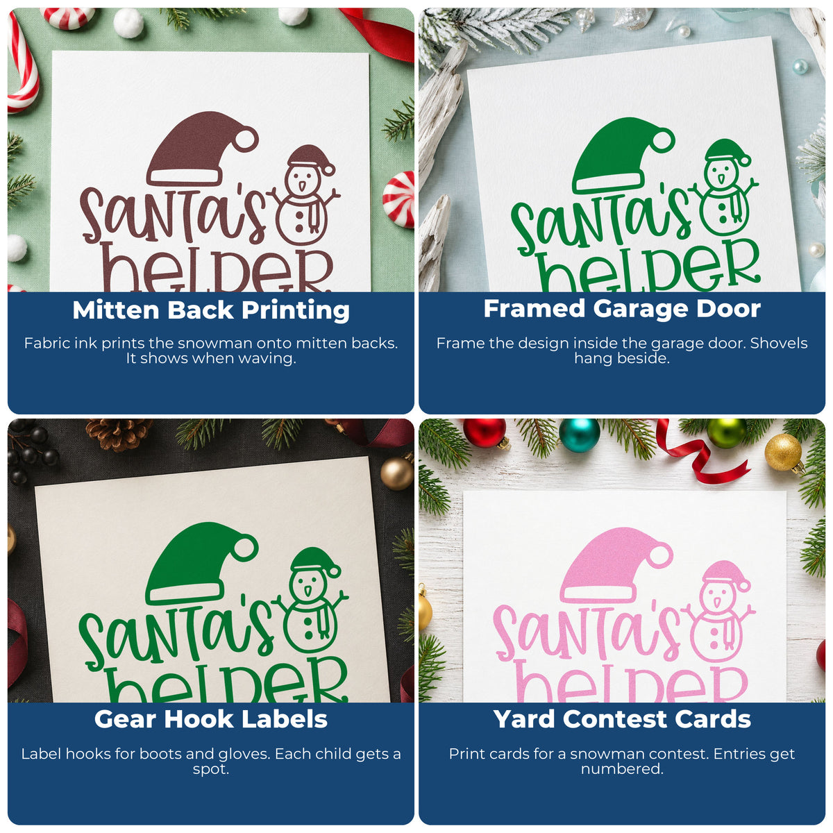 Four ways to use the Santa's Helper Hat Snowman Stamp – Self-Inking: mitten back printing, framed garage door, gear hook labels and yard contest cards.