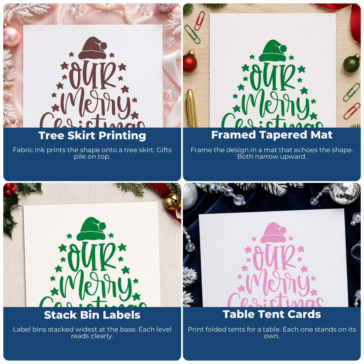 Four ways to use the Our Merry Christmas Stamp – PSI Pre-Inked: tree skirt printing, framed tapered mat, stack bin labels and table tent cards.