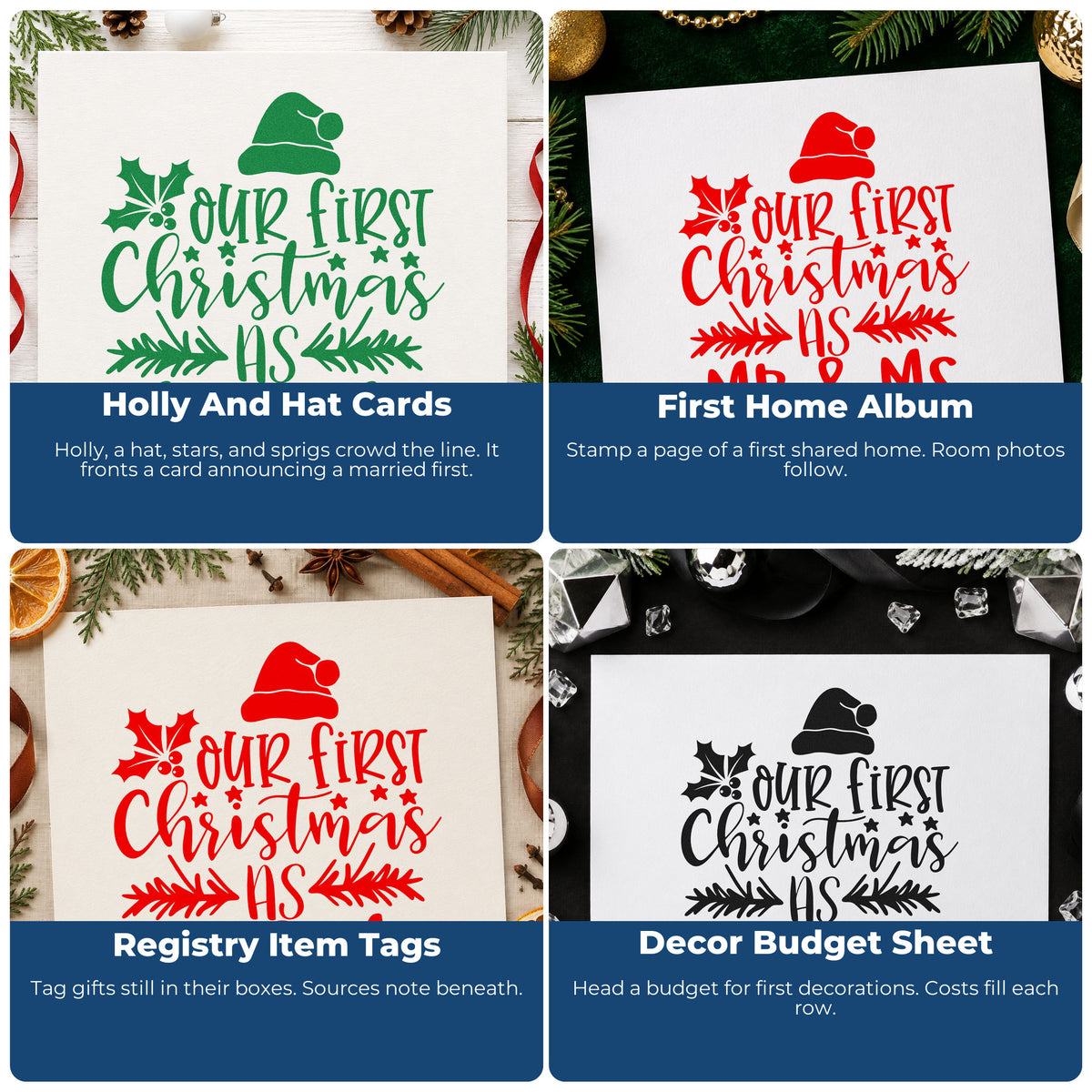 Four ways to use the Mr & Ms First Christmas Holly Rubber Stamp – Wood Handle: holly and hat cards, first home album, registry item tags and decor budget sheet.