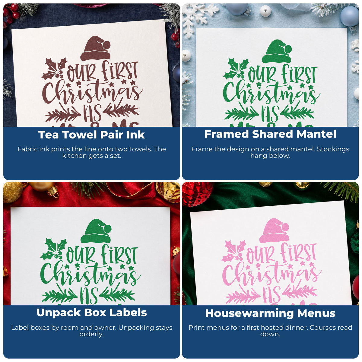 Four ways to use the Mr & Ms First Christmas Holly Stamp – Slim Pre-Inked: tea towel pair ink, framed shared mantel, unpack box labels and housewarming menus.