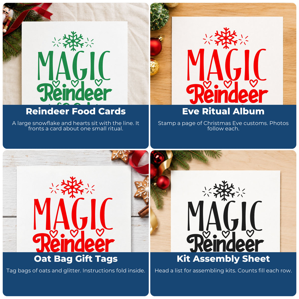 Four ways to use the Magic Reindeer Food Snowflake Pre-Inked Stamp – Slim: reindeer food cards, eve ritual album, oat bag gift tags and kit assembly sheet.