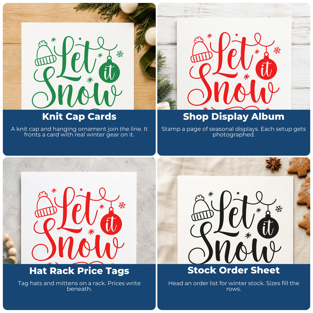 Four ways to use the Let It Snow Winter Hat Self-Inking Stamp: knit cap cards, shop display album, hat rack price tags and stock order sheet.