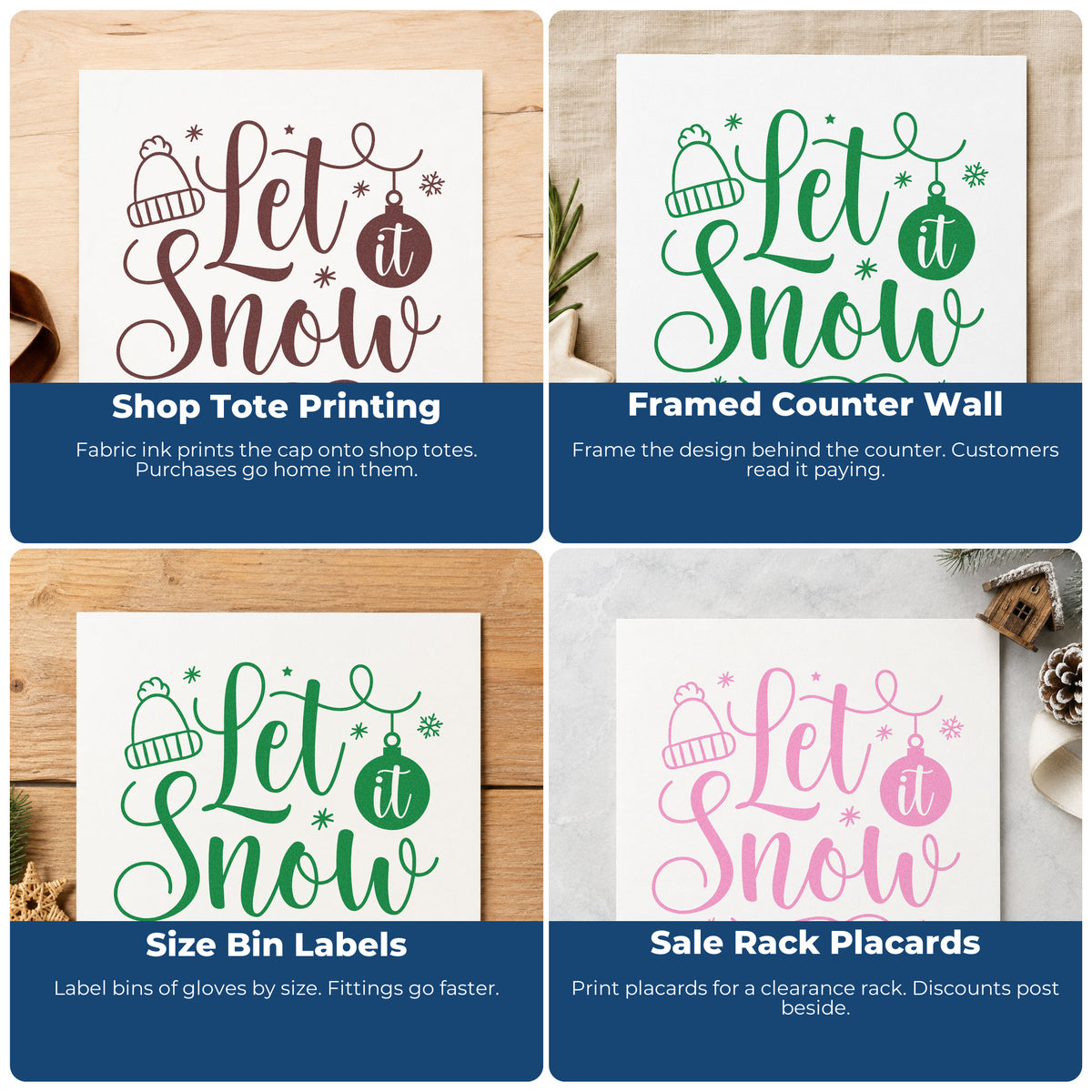 Four ways to use the Let It Snow Winter Hat Self-Inking Stamp: shop tote printing, framed counter wall, size bin labels and sale rack placards.