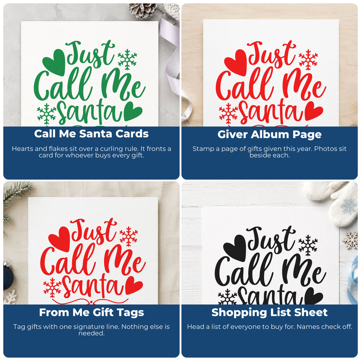 Four ways to use the Just Call Me Santa Snowflakes Premium Wooden Stamp - Vintage Pro: call me santa cards, giver album page, from me gift tags and shopping list sheet.