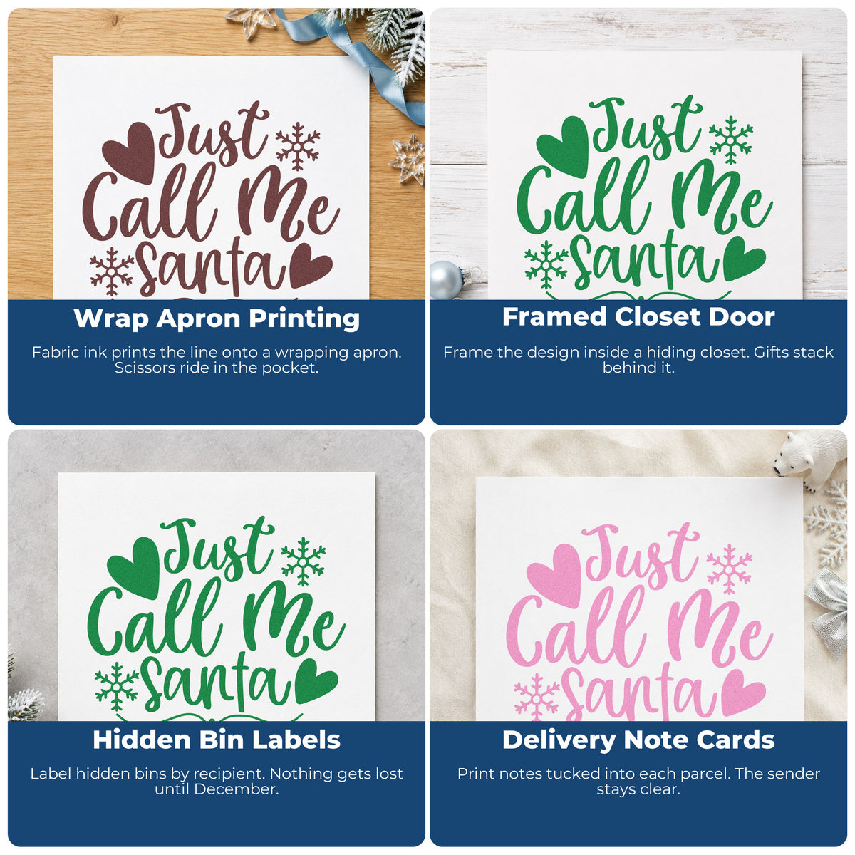 Four ways to use the Just Call Me Santa Snowflakes Slim Pre-Inked Stamp: wrap apron printing, framed closet door, hidden bin labels and delivery note cards.