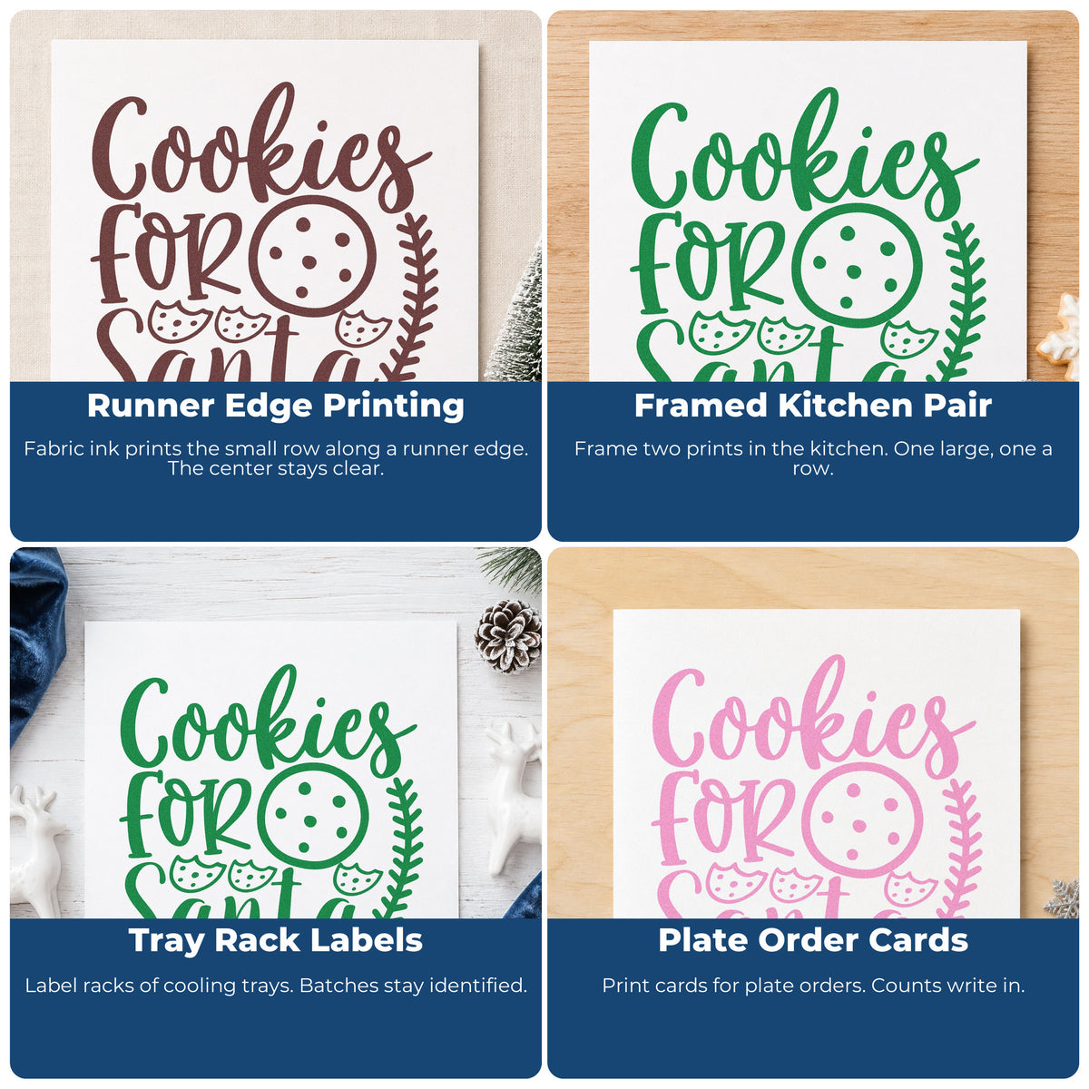 Four ways to use the Cookies For Santa Cookie Row Stamp – Slim Pre-Inked: runner edge printing, framed kitchen pair, tray rack labels and plate order cards.