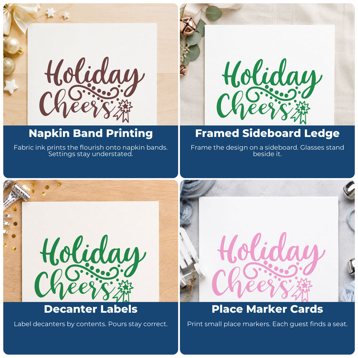 Four ways to use the Holiday Cheers Starburst Flourished Lettering Slim Pre-Inked Stamp: napkin band printing, framed sideboard ledge, decanter labels and place marker cards.