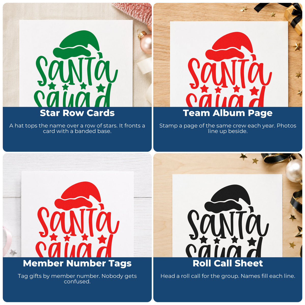Four ways to use the Pre-Inked Santa Squad Hat Stars Stamp – PSI: star row cards, team album page, member number tags and roll call sheet.