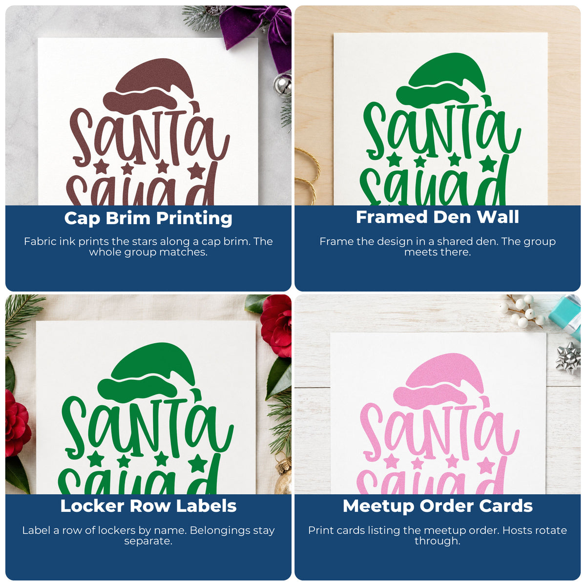 Four ways to use the Pre-Inked Santa Squad Hat Stars Stamp – PSI: cap brim printing, framed den wall, locker row labels and meetup order cards.