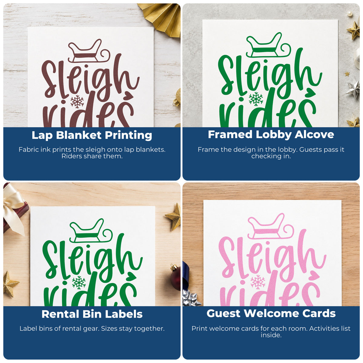 Four ways to use the Sleigh Rides With Snowflake Lettering Compact Pre-Inked Stamp – Slim: lap blanket printing, framed lobby alcove, rental bin labels and guest welcome cards.