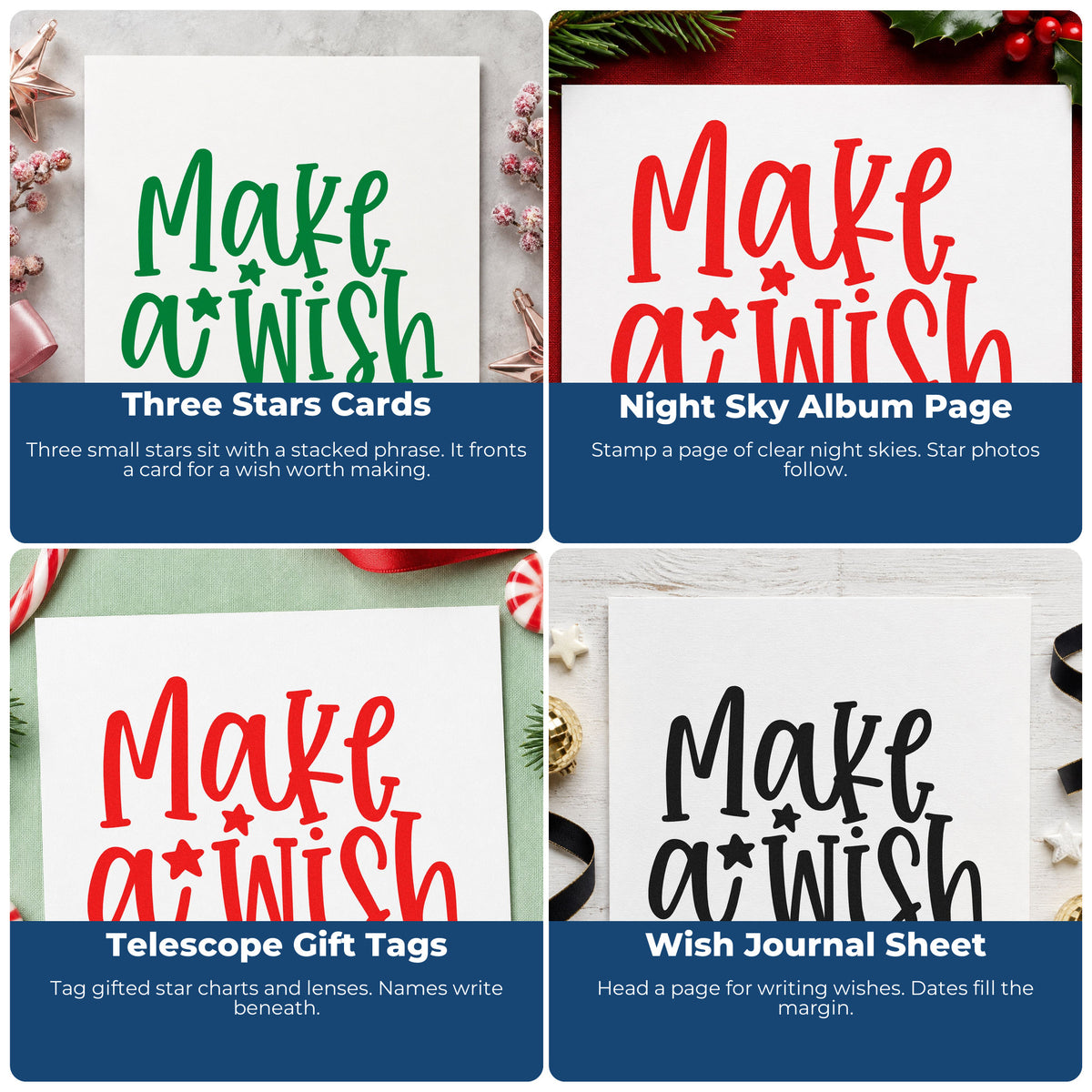 Four ways to use the Make A Wish Stars Rubber Stamp – Wood Handle: three stars cards, night sky album page, telescope gift tags and wish journal sheet.