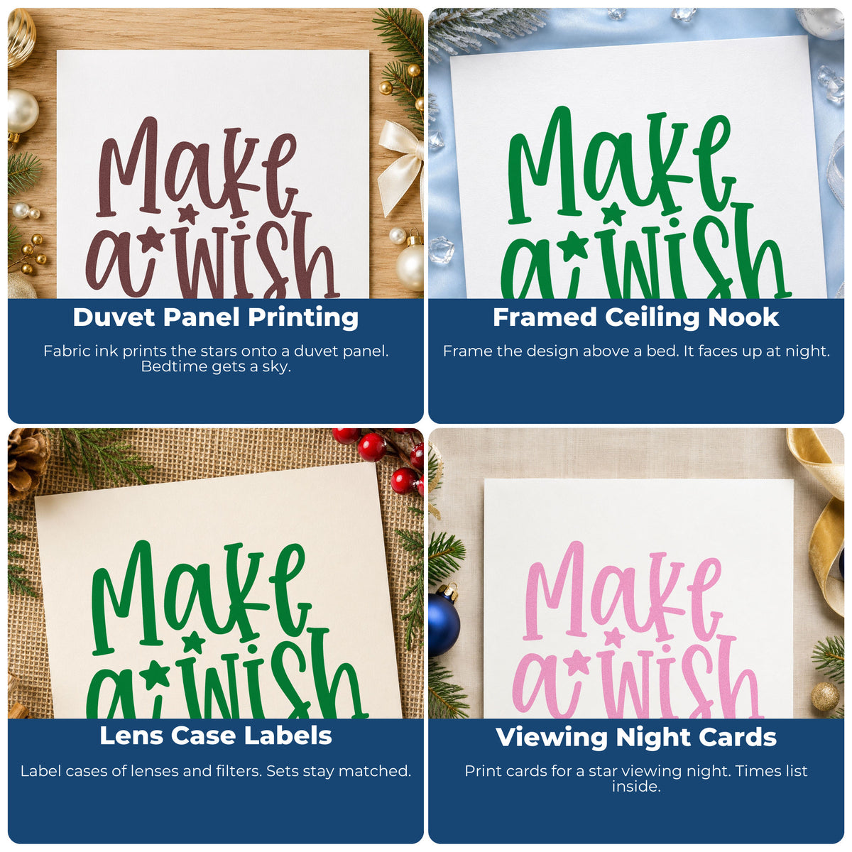 Four ways to use the Make A Wish Stars Stamp – Self-Inking: duvet panel printing, framed ceiling nook, lens case labels and viewing night cards.