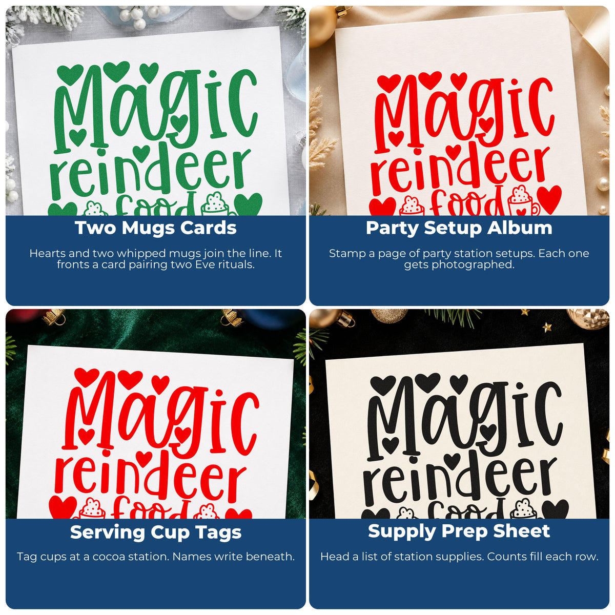 Four ways to use the Magic Reindeer Food Self-Inking Craft Stamp: two mugs cards, party setup album, serving cup tags and supply prep sheet.