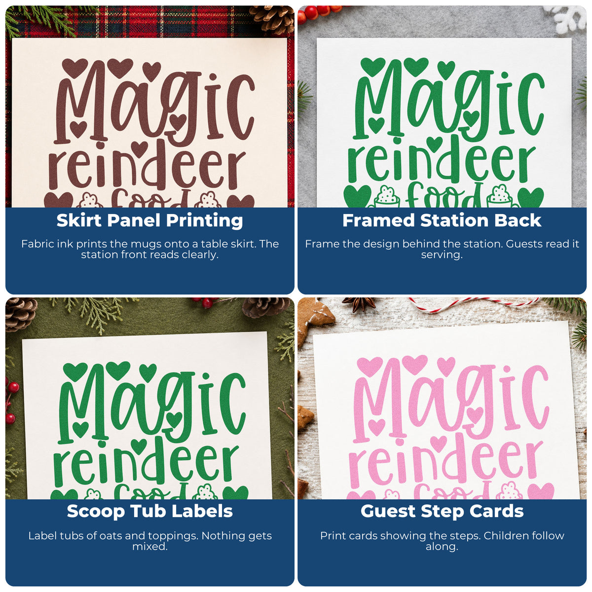 Four ways to use the Magic Reindeer Food Pre-Inked Stamp – PSI: skirt panel printing, framed station back, scoop tub labels and guest step cards.