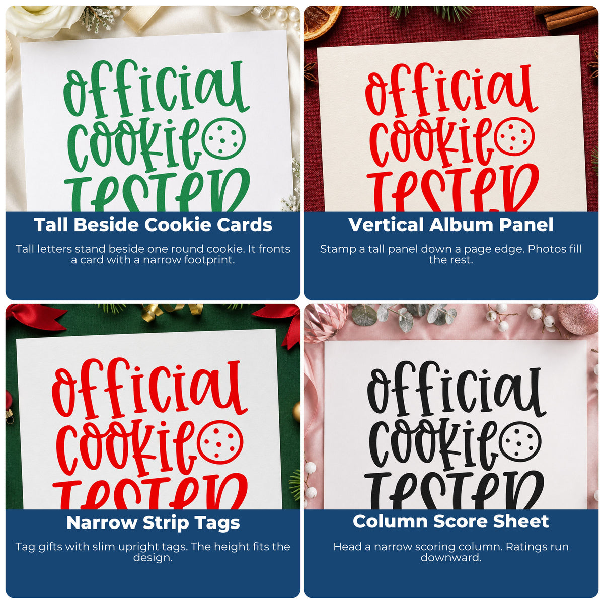 Four ways to use the Round Cookie With Official Cookie Tester Wood-Mounted Rubber Stamp: tall beside cookie cards, vertical album panel, narrow strip tags and column score sheet.