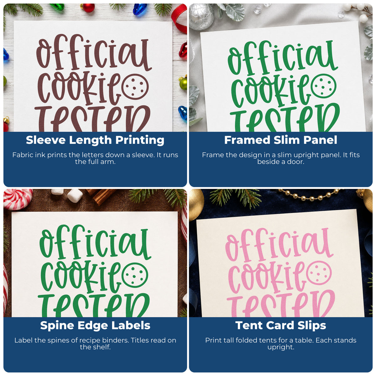 Four ways to use the Round Cookie With Official Cookie Tester Wood-Mounted Rubber Stamp: sleeve length printing, framed slim panel, spine edge labels and tent card slips.