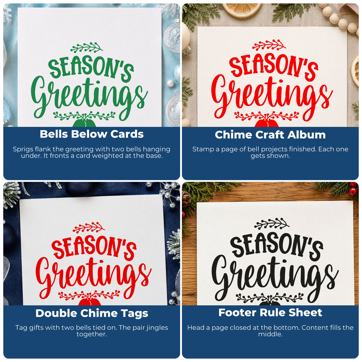 Four ways to use the Season's Greetings Hanging Bells Botanical Sprig Pre-Inked Stamp – PSI: bells below cards, chime craft album, double chime tags and footer rule sheet.