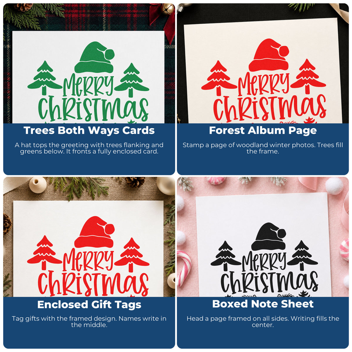 Four ways to use the Merry Christmas Hat Trees PSI Pre-Inked Stamp: trees both ways cards, forest album page, enclosed gift tags and boxed note sheet.