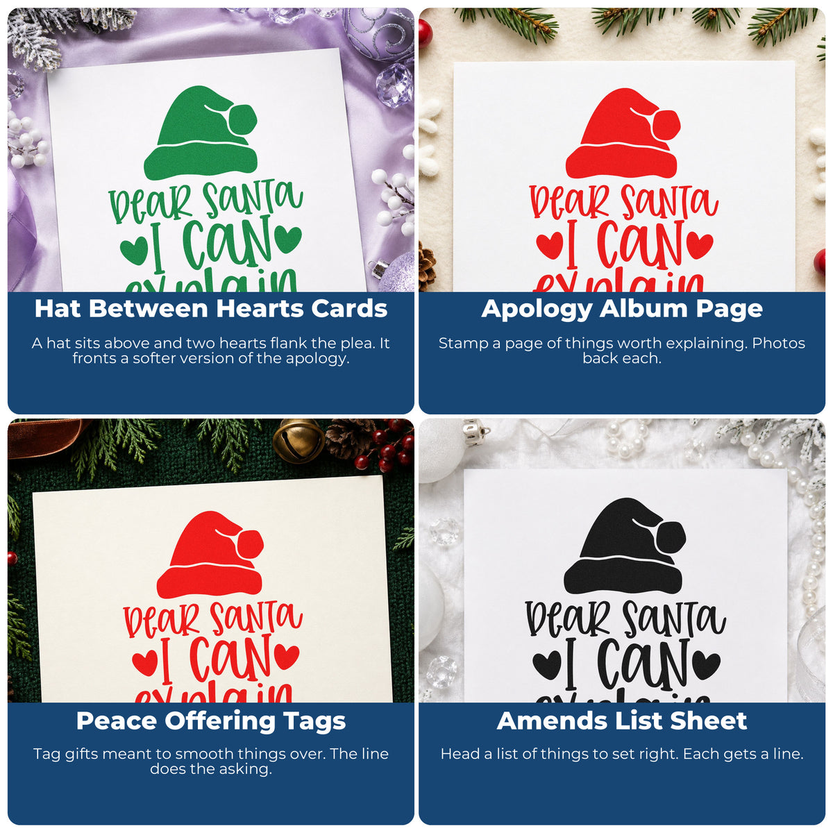 Four ways to use the Dear Santa I Can Explain Hat Motif Stamp - Premium Vintage Pro Wooden: hat between hearts cards, apology album page, peace offering tags and amends list sheet.