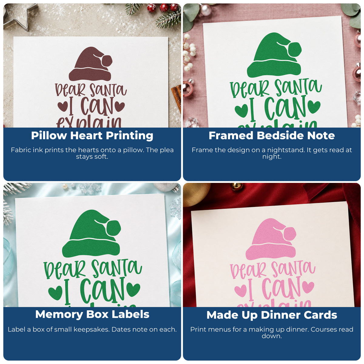 Four ways to use the Duo Hand Dear Santa I Can Explain Hat Motif Rubber Stamp: pillow heart printing, framed bedside note, memory box labels and made up dinner cards.