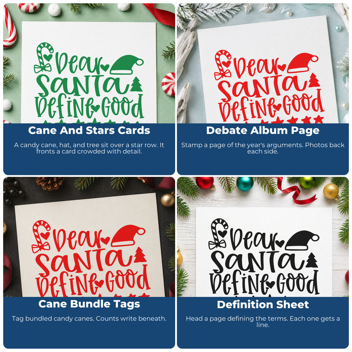 Four ways to use the Dear Santa Define Good Rubber Stamp – Wood Handle: cane and stars cards, debate album page, cane bundle tags and definition sheet.