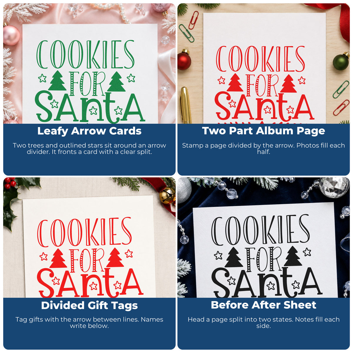 Four ways to use the Cookies For Santa Trees Leaf Accents Pre-Inked Stamp – PSI: leafy arrow cards, two part album page, divided gift tags and before after sheet.