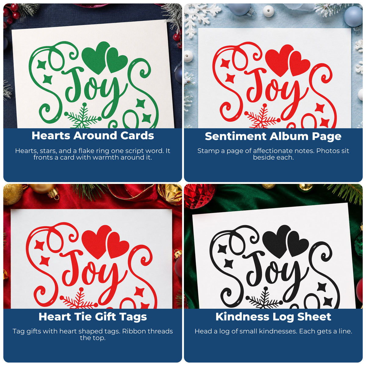 Four ways to use the Joy Hearts Snowflake Flourish Pre-Inked Stamp – Slim: hearts around cards, sentiment album page, heart tie gift tags and kindness log sheet.