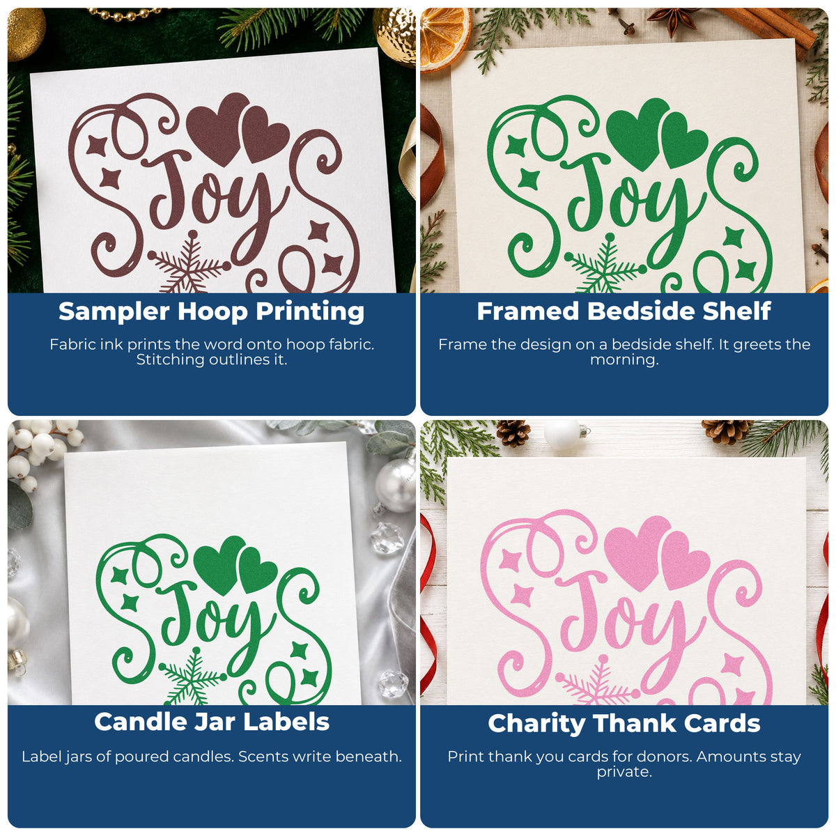 Four ways to use the Joy Hearts Snowflake Flourish Craft Stamp – Self-Inking: sampler hoop printing, framed bedside shelf, candle jar labels and charity thank cards.