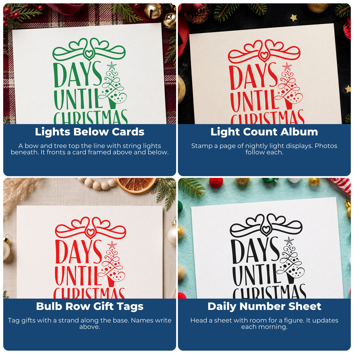 Four ways to use the Days Until Christmas Bow Tree Motif Stamp – Wood Handle: lights below cards, light count album, bulb row gift tags and daily number sheet.