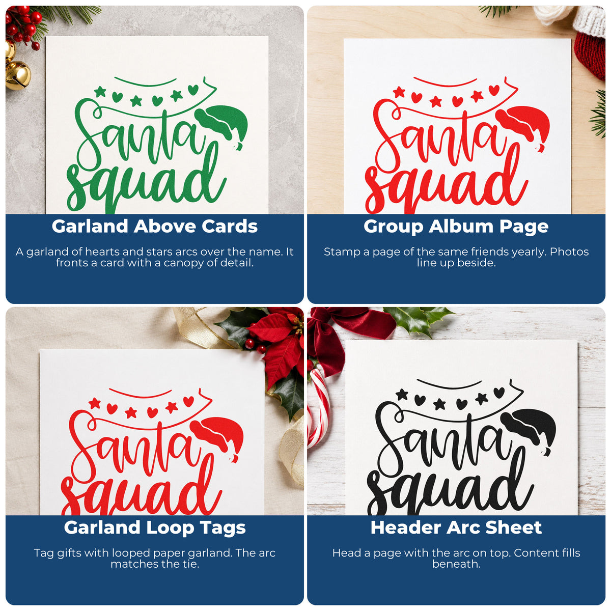 Four ways to use the Santa Squad Heart Garland Duo Hand Stamp: garland above cards, group album page, garland loop tags and header arc sheet.