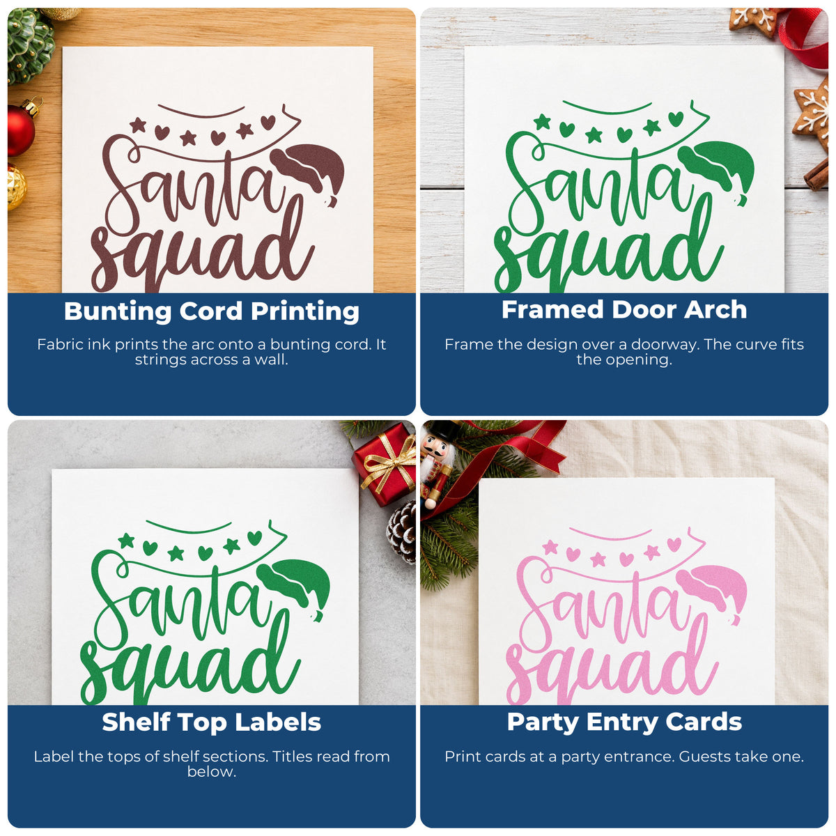 Four ways to use the Santa Squad Heart Garland Slim Pre-Inked Stamp: bunting cord printing, framed door arch, shelf top labels and party entry cards.