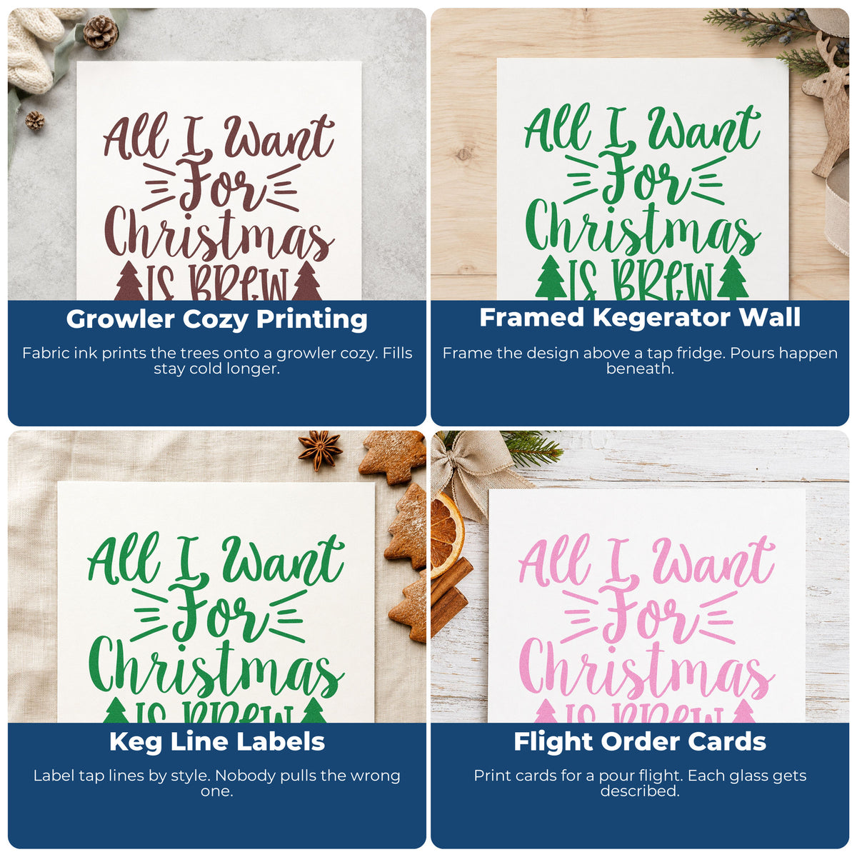 Four ways to use the All I Want Is Brew Rubber Stamp – Wood Handle: growler cozy printing, framed kegerator wall, keg line labels and flight order cards.