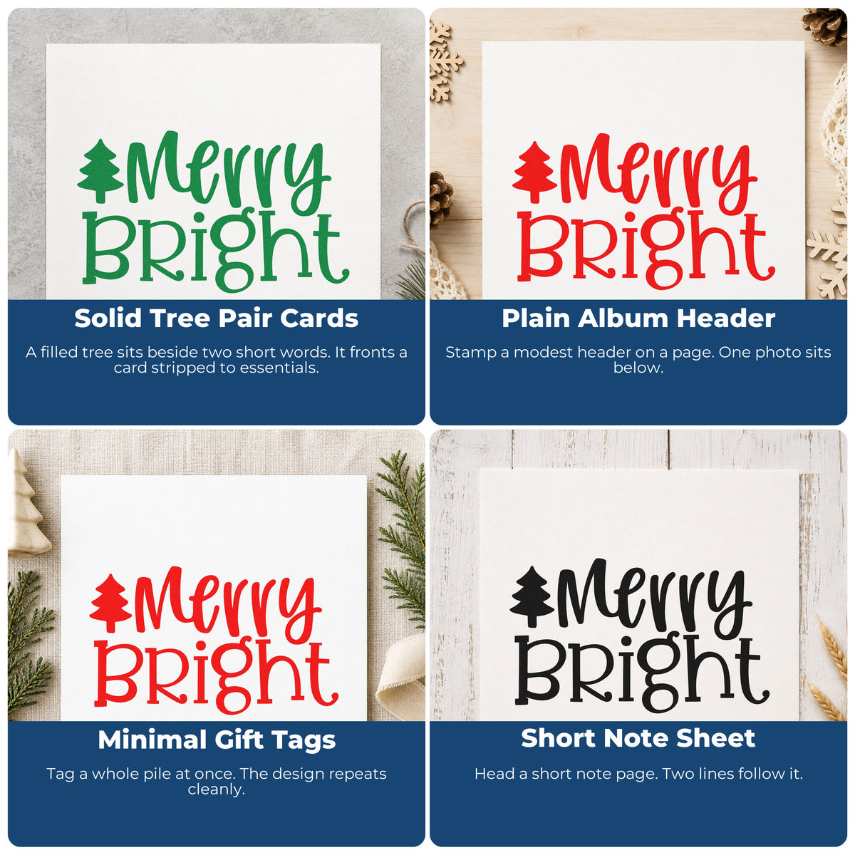 Four ways to use the Merry Bright Christmas Tree Lettering Stamp – PSI Pre-Inked: solid tree pair cards, plain album header, minimal gift tags and short note sheet.