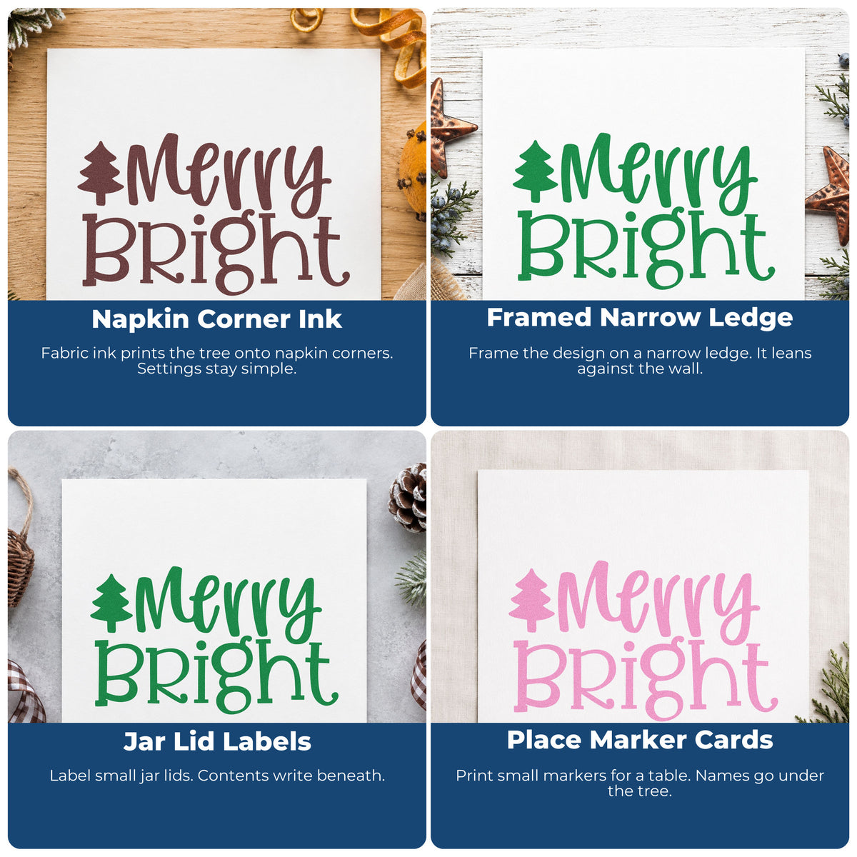 Four ways to use the Merry Bright Christmas Tree Lettering Stamp – PSI Pre-Inked: napkin corner ink, framed narrow ledge, jar lid labels and place marker cards.
