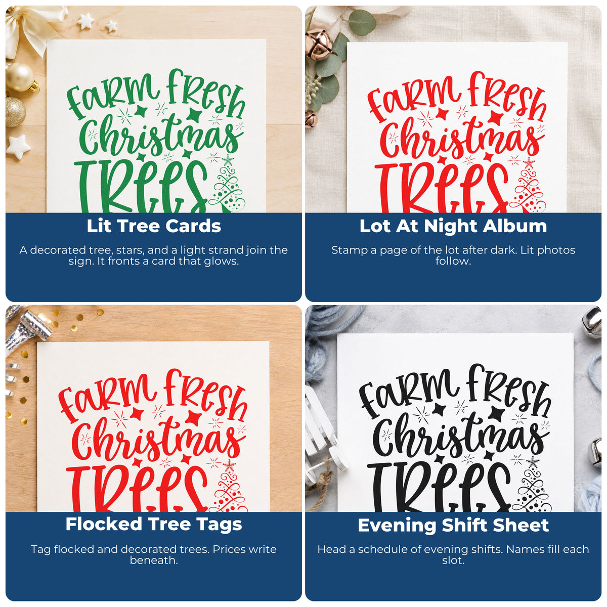 Four ways to use the Farm Fresh Christmas Trees Compact Pre-Inked Stamp – Slim: lit tree cards, lot at night album, flocked tree tags and evening shift sheet.
