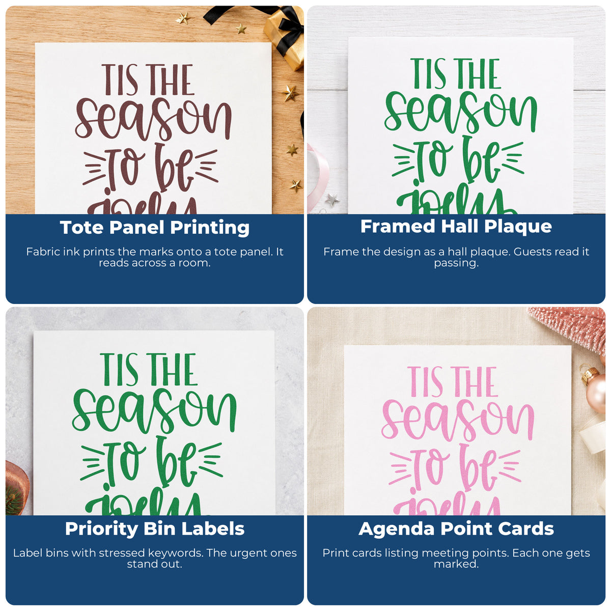 Four ways to use the Tis The Season Jolly Stamp – Self-Inking: tote panel printing, framed hall plaque, priority bin labels and agenda point cards.