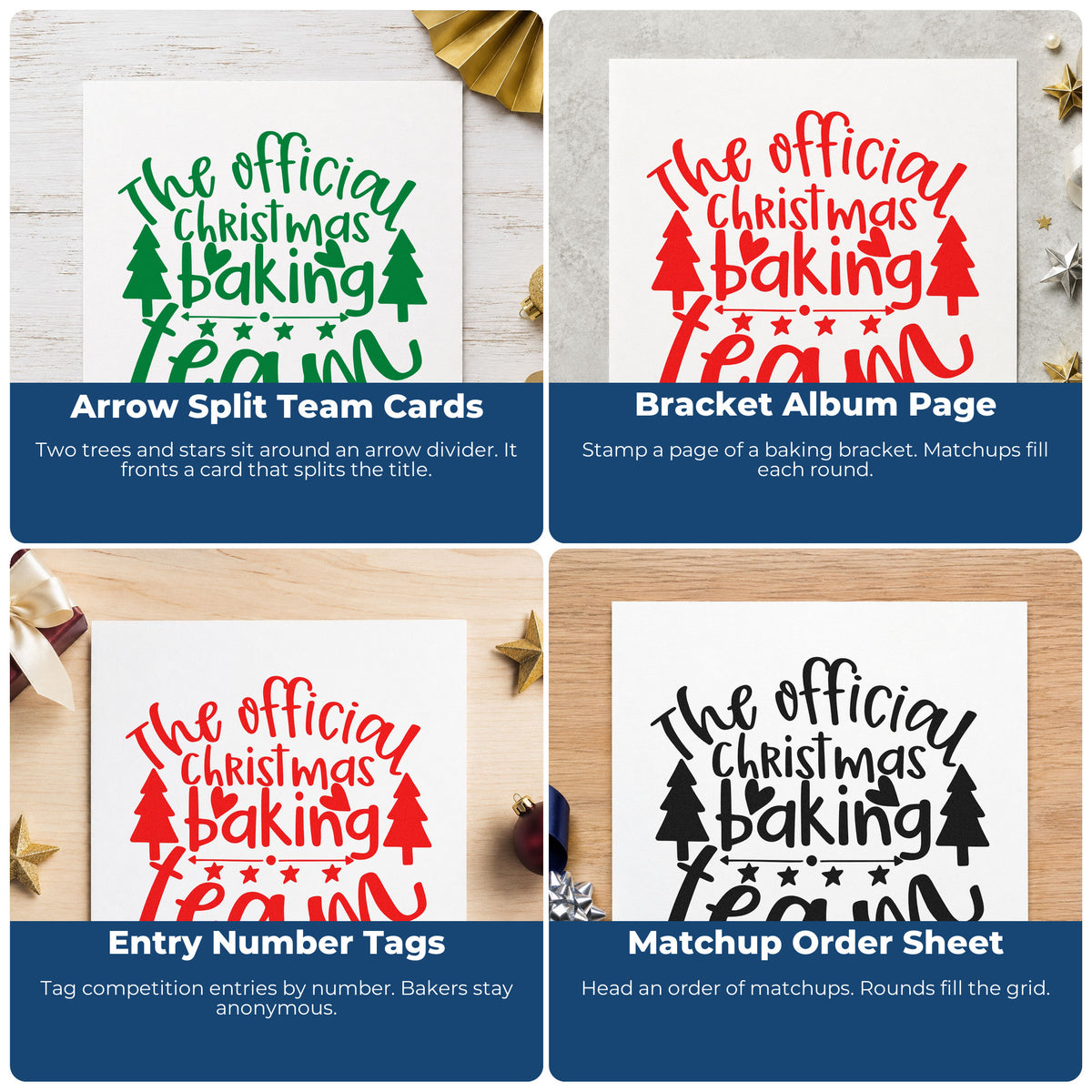 Four ways to use the Official Christmas Baking Team Wood Handle Stamp: arrow split team cards, bracket album page, entry number tags and matchup order sheet.