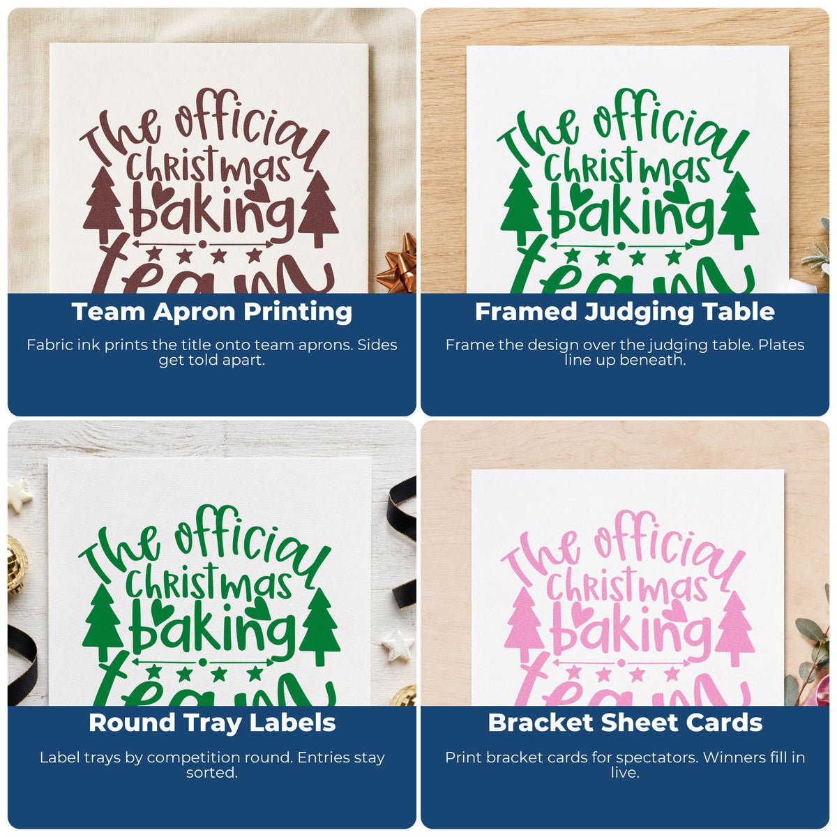 Four ways to use the Official Christmas Baking Team Wood Handle Stamp: team apron printing, framed judging table, round tray labels and bracket sheet cards.