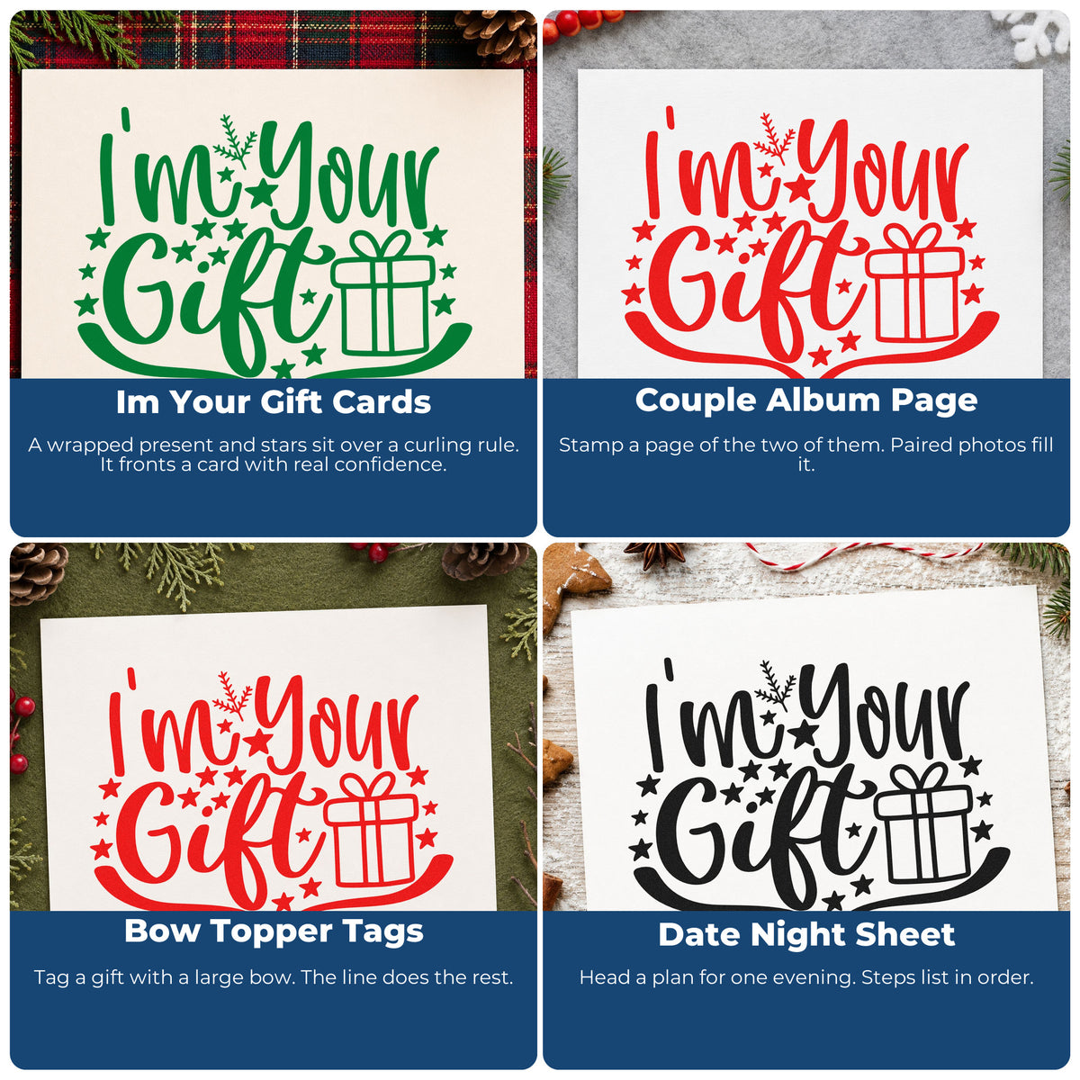Four ways to use the I'm Your Gift Present With Stars Rubber Stamp – Wood Handle: im your gift cards, couple album page, bow topper tags and date night sheet.