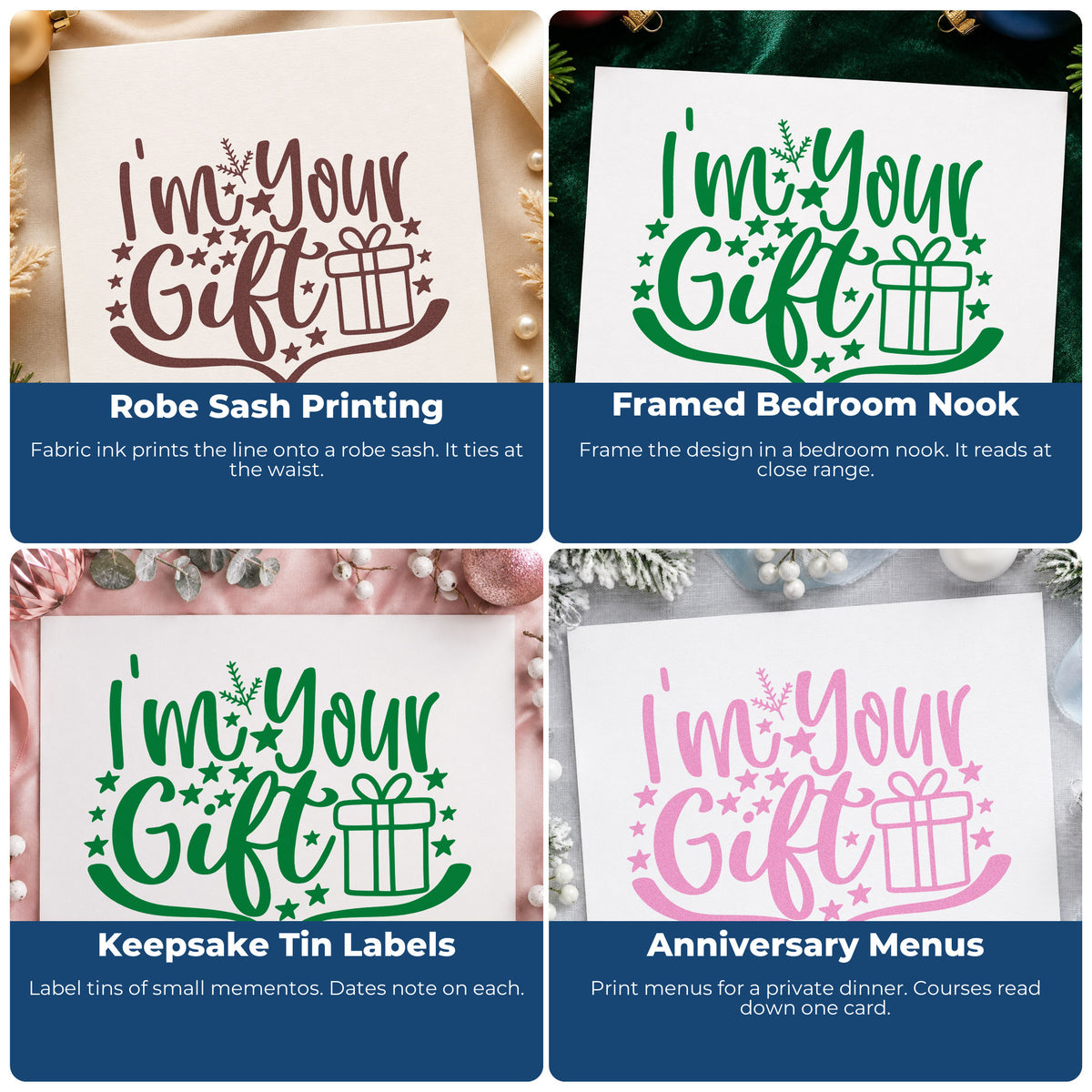 Four ways to use the I'm Your Gift Present With Stars Pre-Inked Stamp – PSI: robe sash printing, framed bedroom nook, keepsake tin labels and anniversary menus.