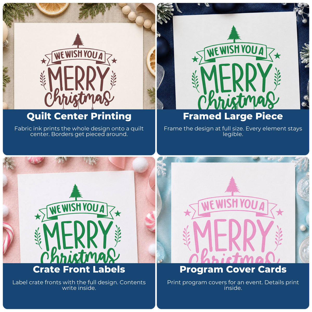 Four ways to use the We Wish You A Merry Christmas Wood Handle Stamp: quilt center printing, framed large piece, crate front labels and program cover cards.