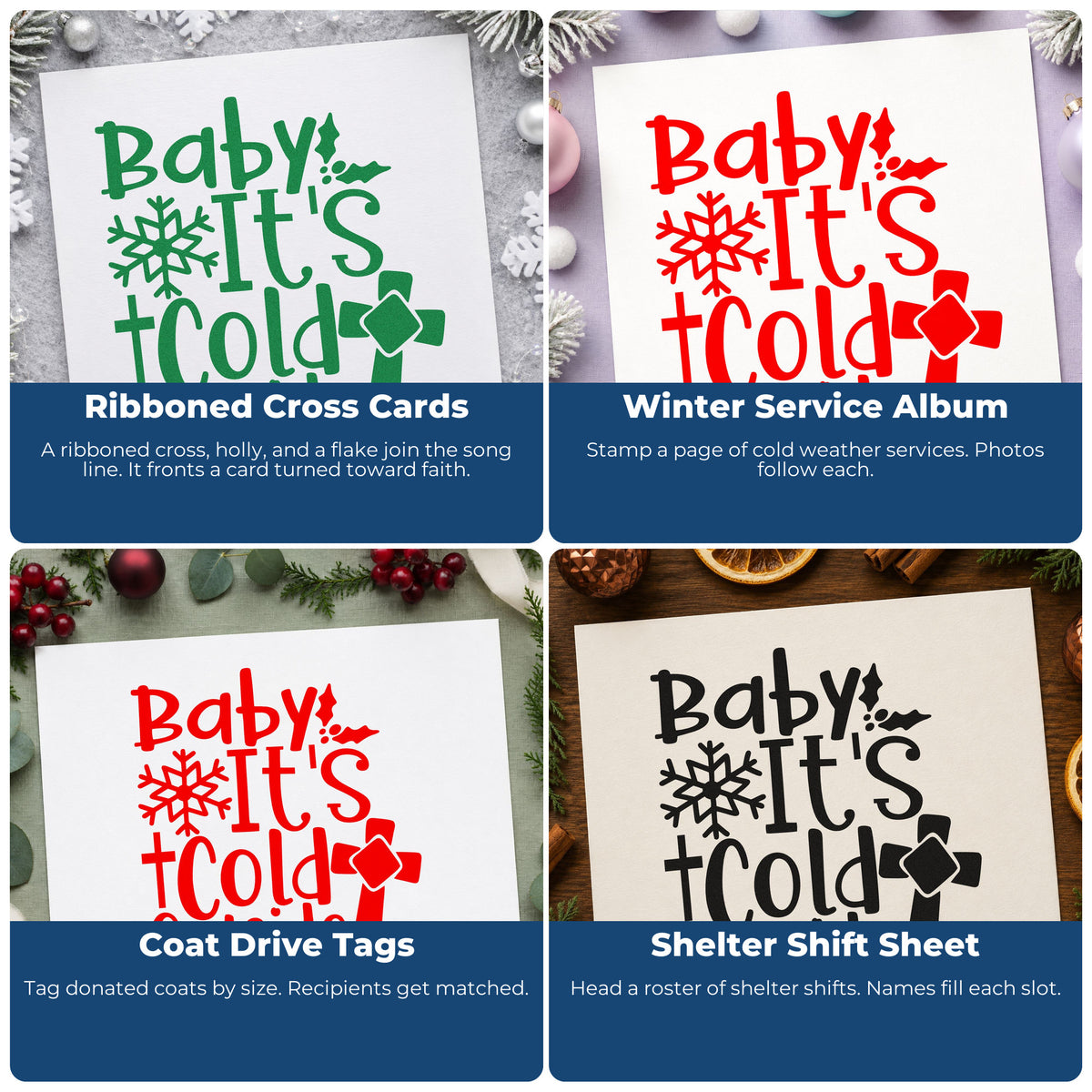 Four ways to use the Baby It's Cold Outside Cross Hand Stamp – Duo: ribboned cross cards, winter service album, coat drive tags and shelter shift sheet.