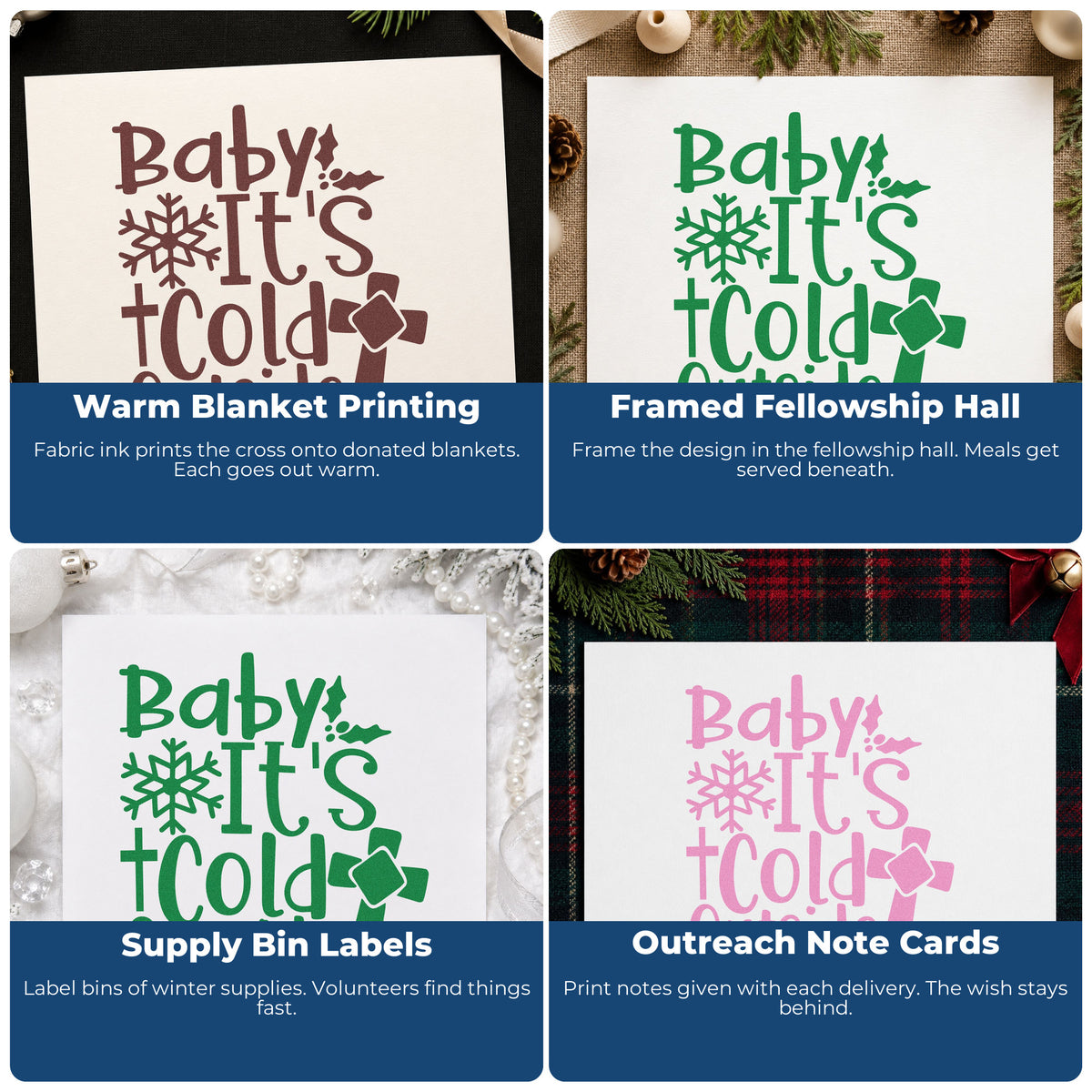 Four ways to use the Baby It's Cold Outside Cross Hand Stamp – Duo: warm blanket printing, framed fellowship hall, supply bin labels and outreach note cards.