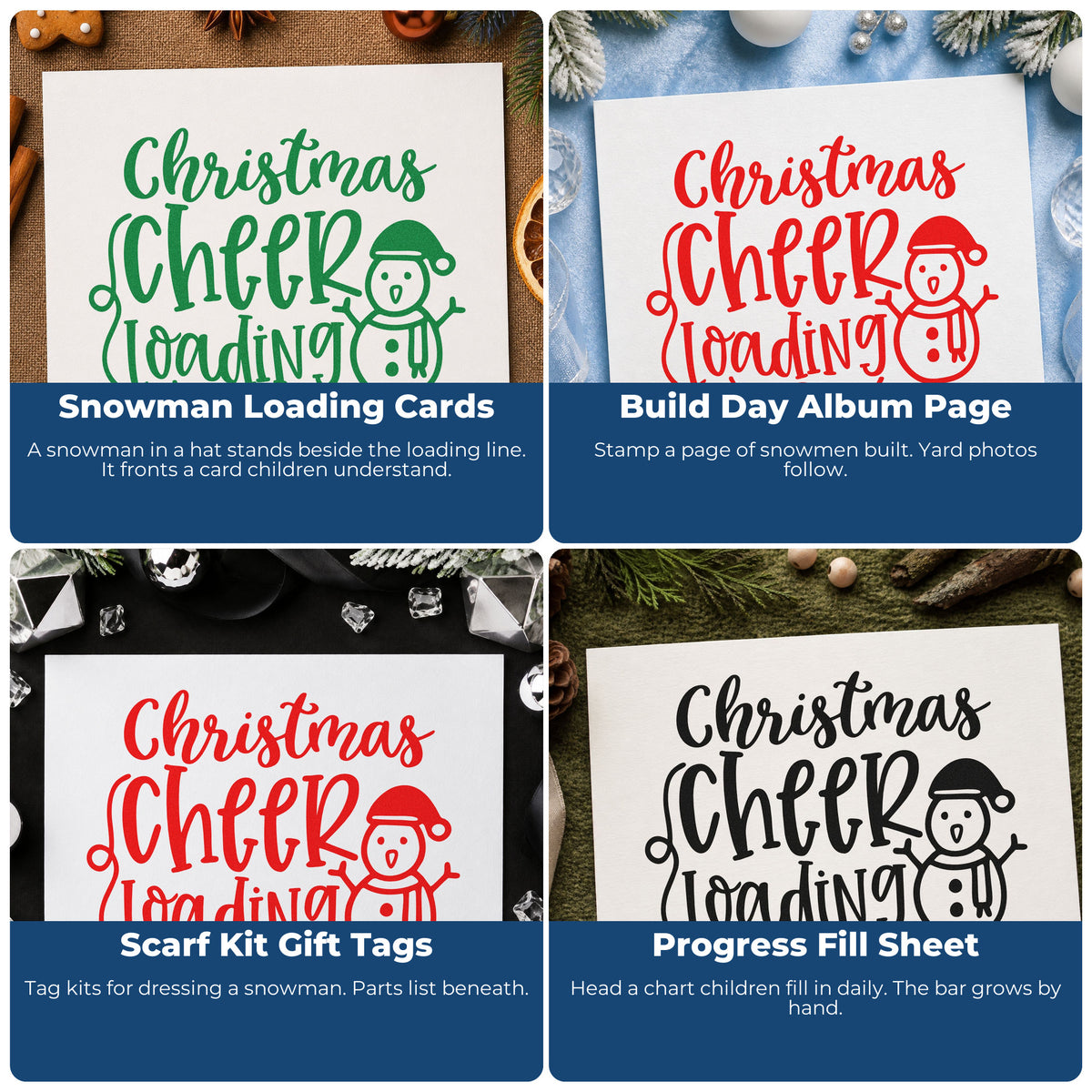 Four ways to use the Christmas Cheer Loading Snowman Hat Stamp – Wood Handle: snowman loading cards, build day album page, scarf kit gift tags and progress fill sheet.