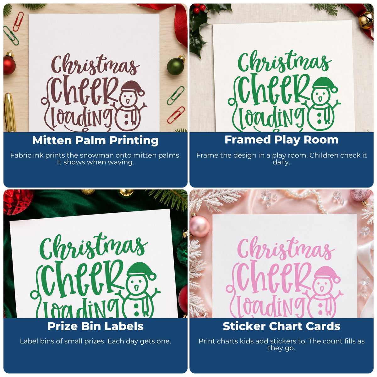 Four ways to use the Christmas Cheer Loading Snowman Hat Stamp – Wood Handle: mitten palm printing, framed play room, prize bin labels and sticker chart cards.